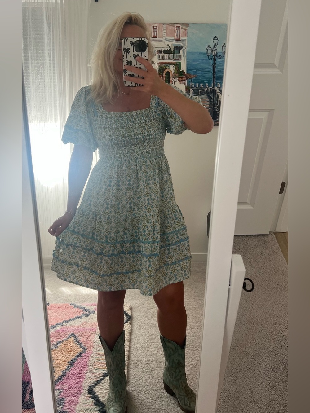Smocked Square-Neck Mini Dress in Light Blue Floral, size S-M